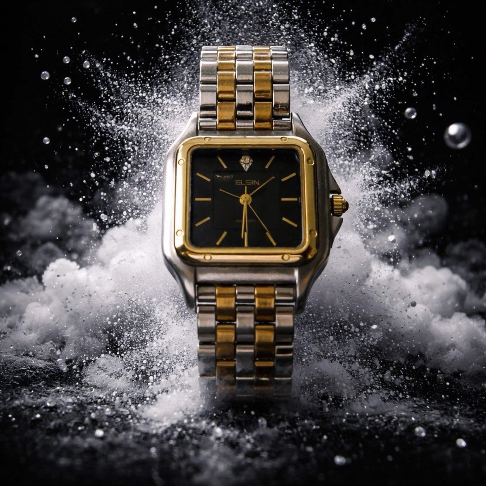 Elgin Ladies BlackDial Sunray Dress GoldSilver Tone Diamond Wristwatch